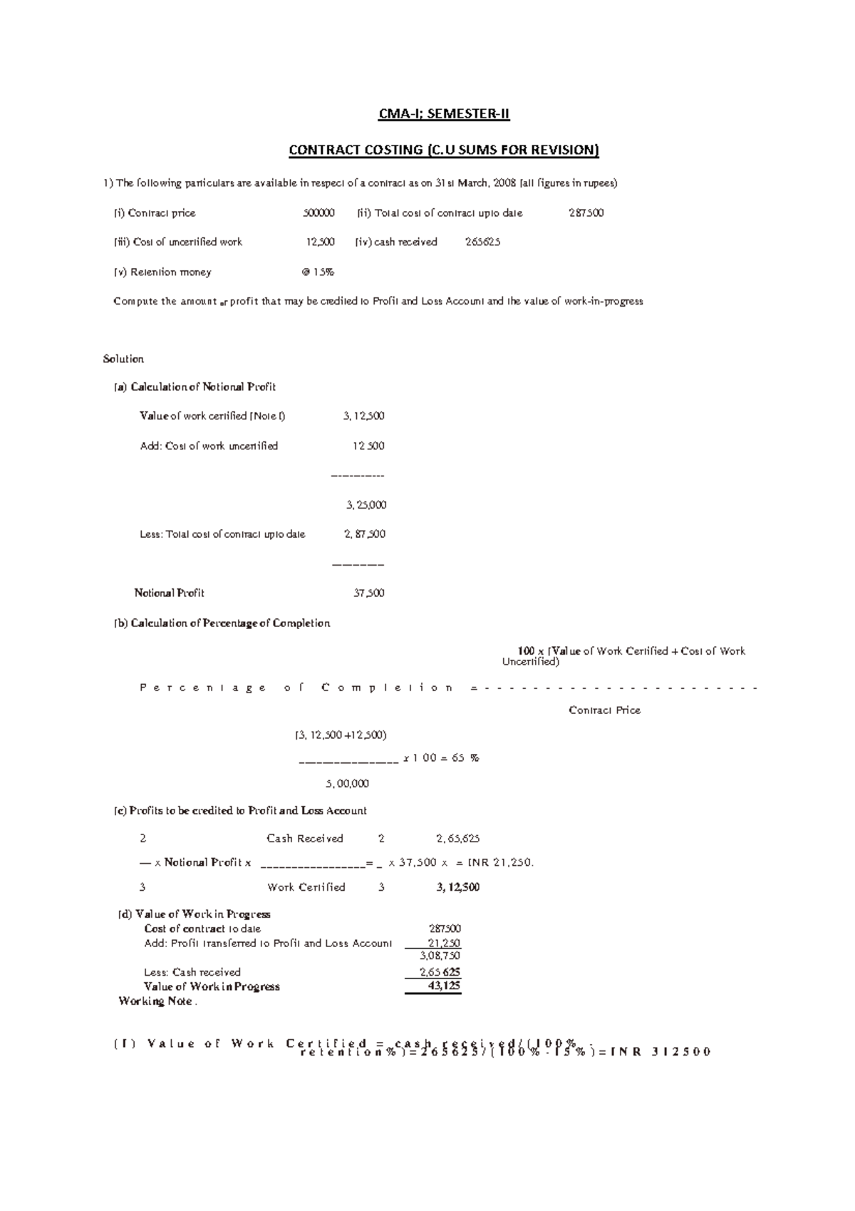 2nd Sem Contract Costing Sums CMA 1 JD 11Apr2020 - CMA-I; SEMESTER-II ...