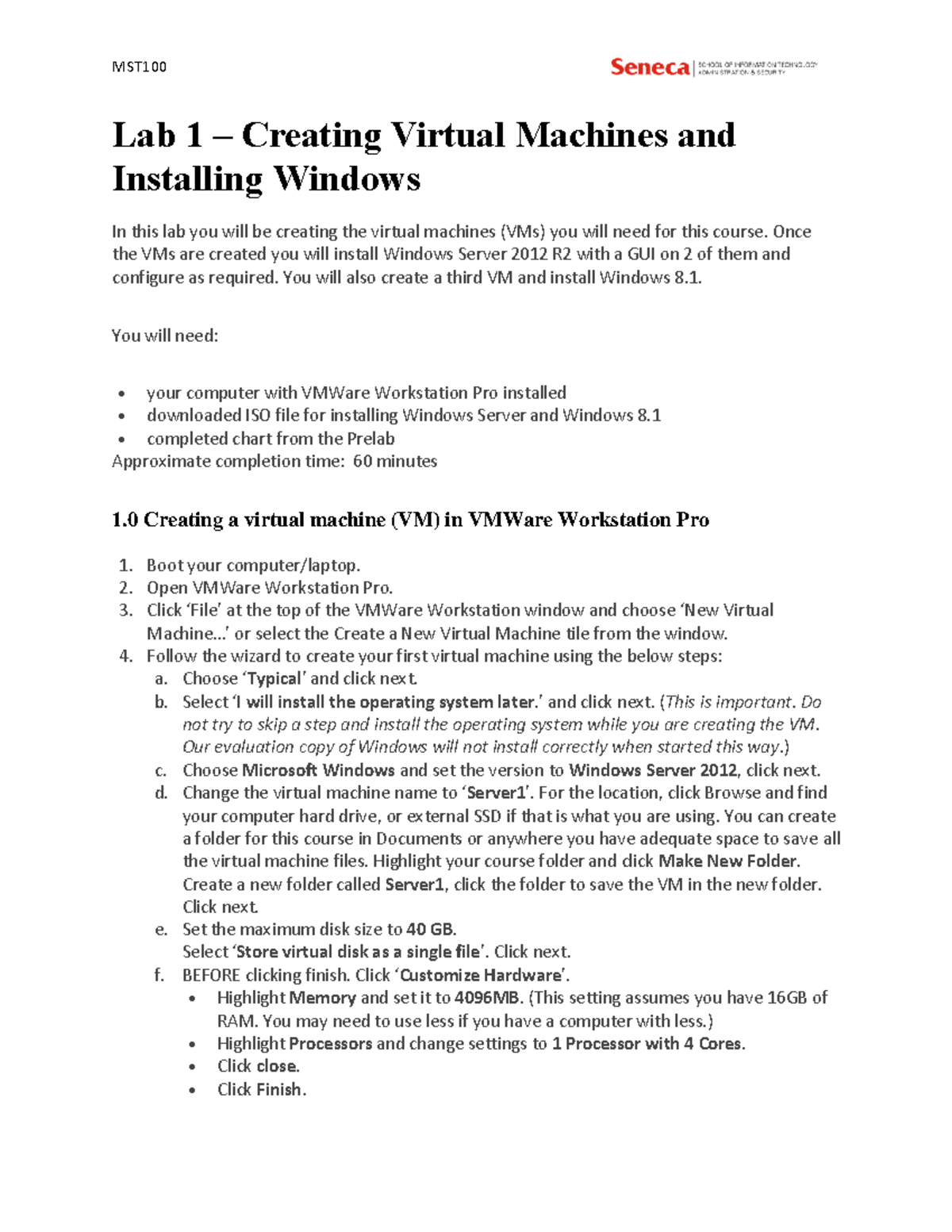 Lab 1 - Creating Virtual Machines and Installing Windows - CTY - Seneca ...