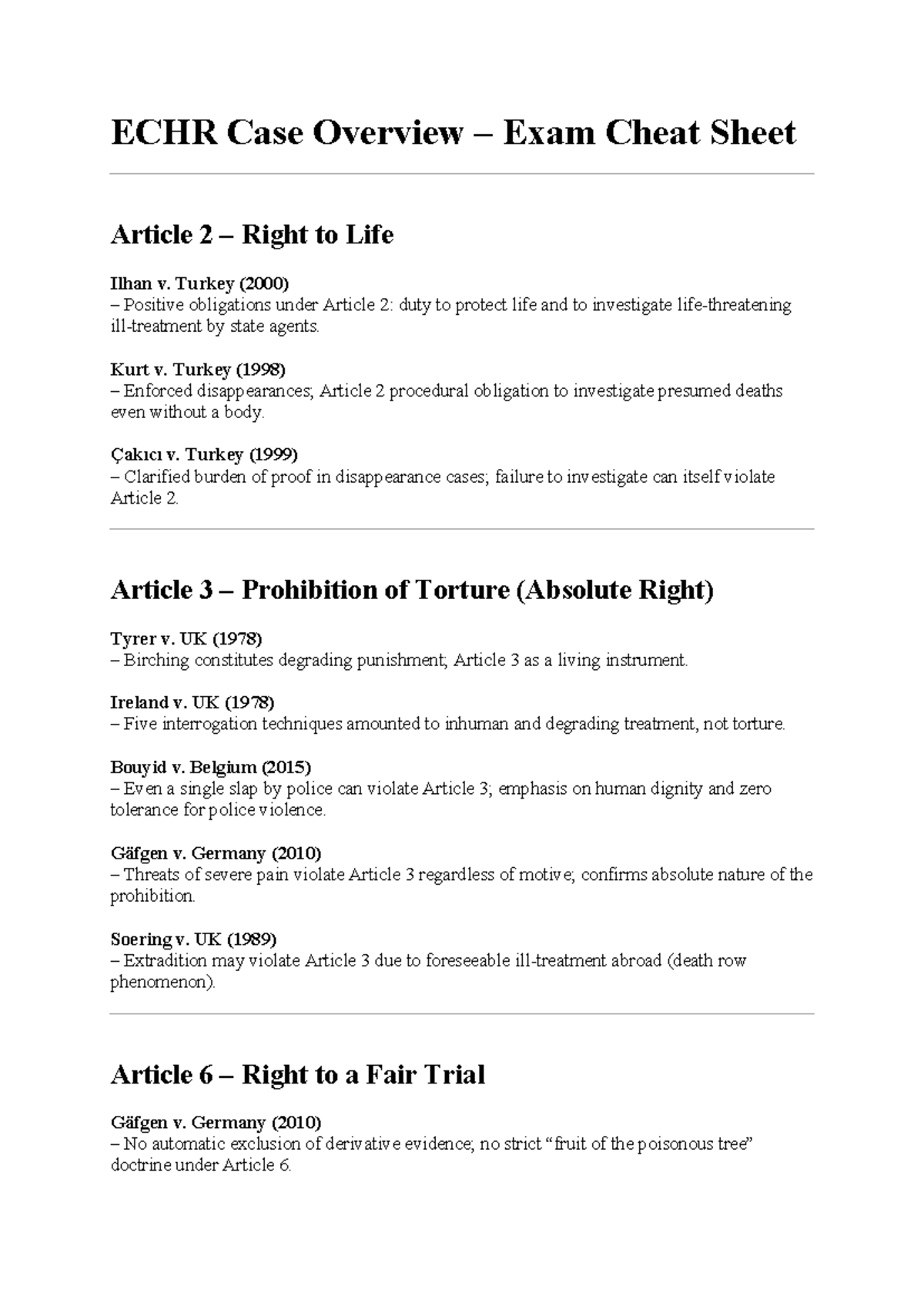 ECHR Case Overview Exam Cheat Sheet: Key Articles and Landmark Cases ...