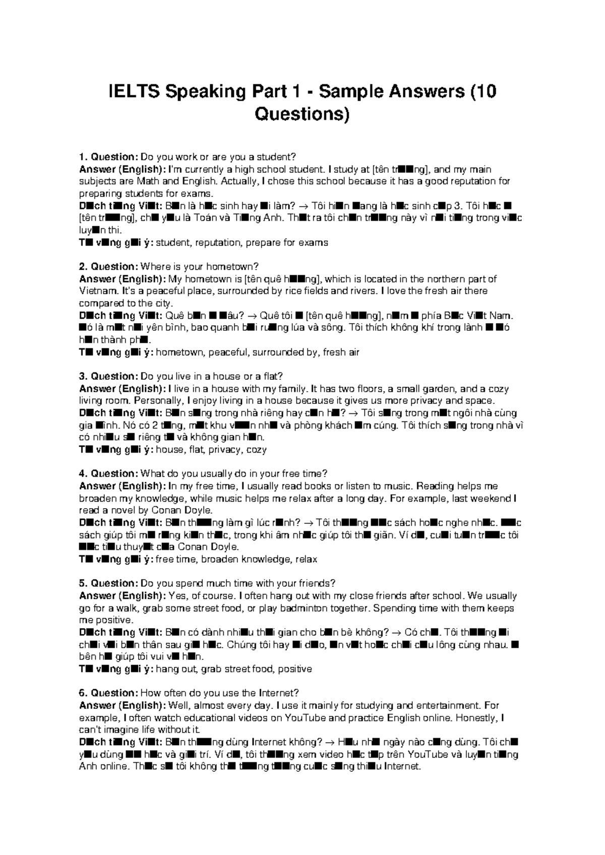 Speaking Part1 Sample - jjjj - IELTS Speaking Part 1 - Sample Answers ...