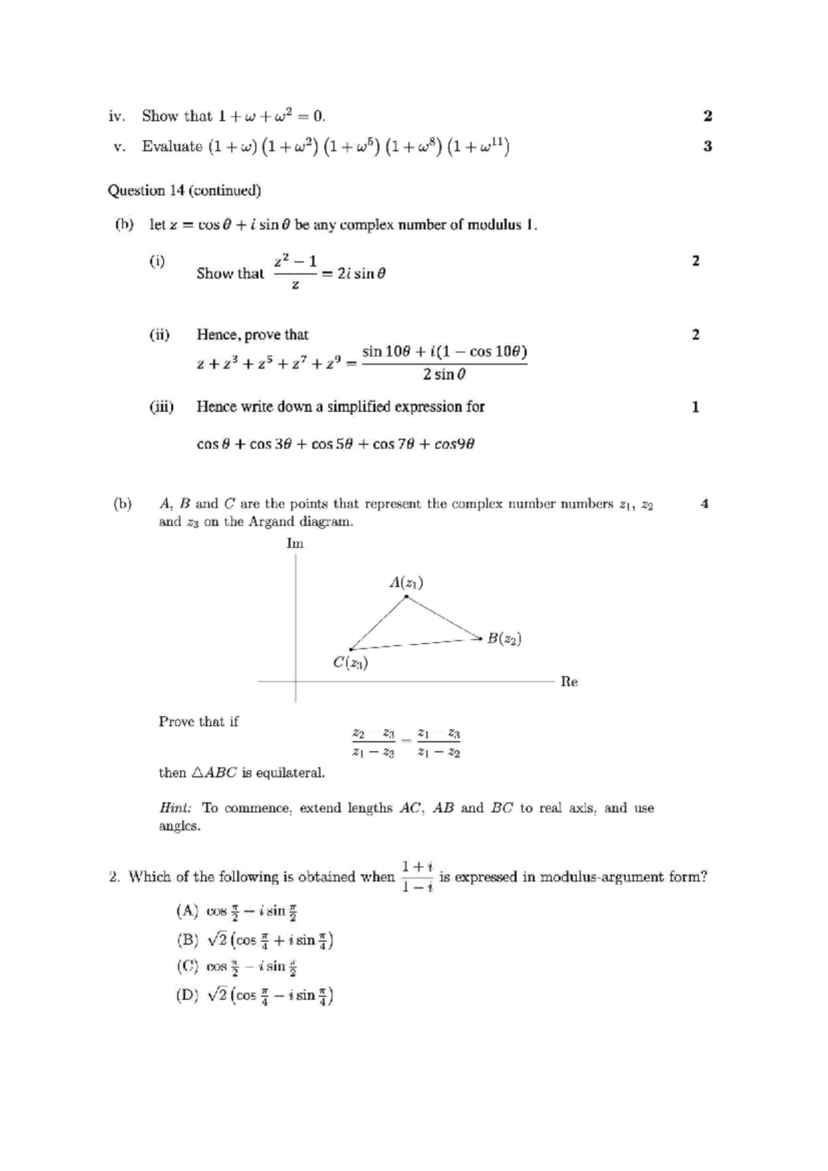 HSC Maths 4 Unit Final Exam Practice Questions on Complex Numbers - Studocu