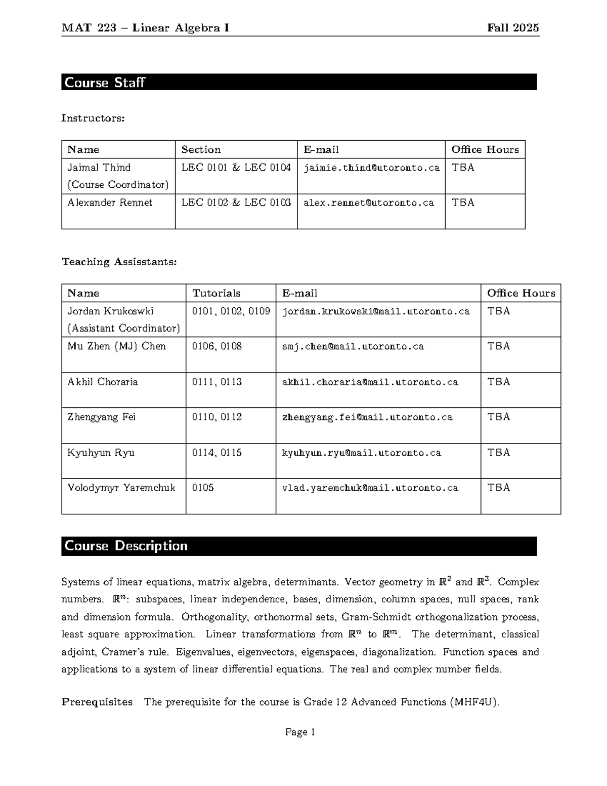 MAT 223 Linear Algebra I Syllabus - Fall 2025 Overview - Studocu