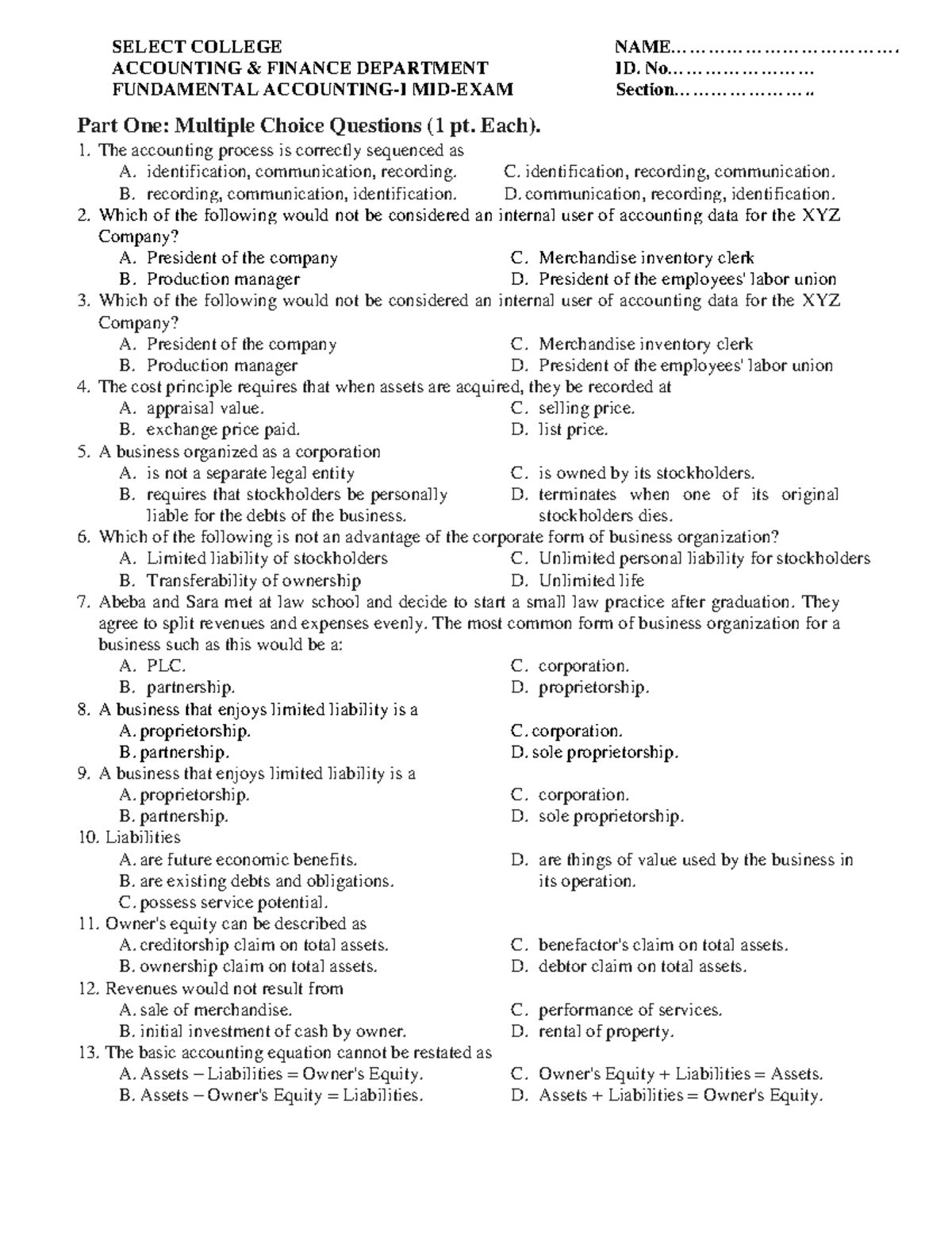 FUNDAMENTAL ACCOUNTING-I MID-EXAM: Multiple Choice Questions - Studocu