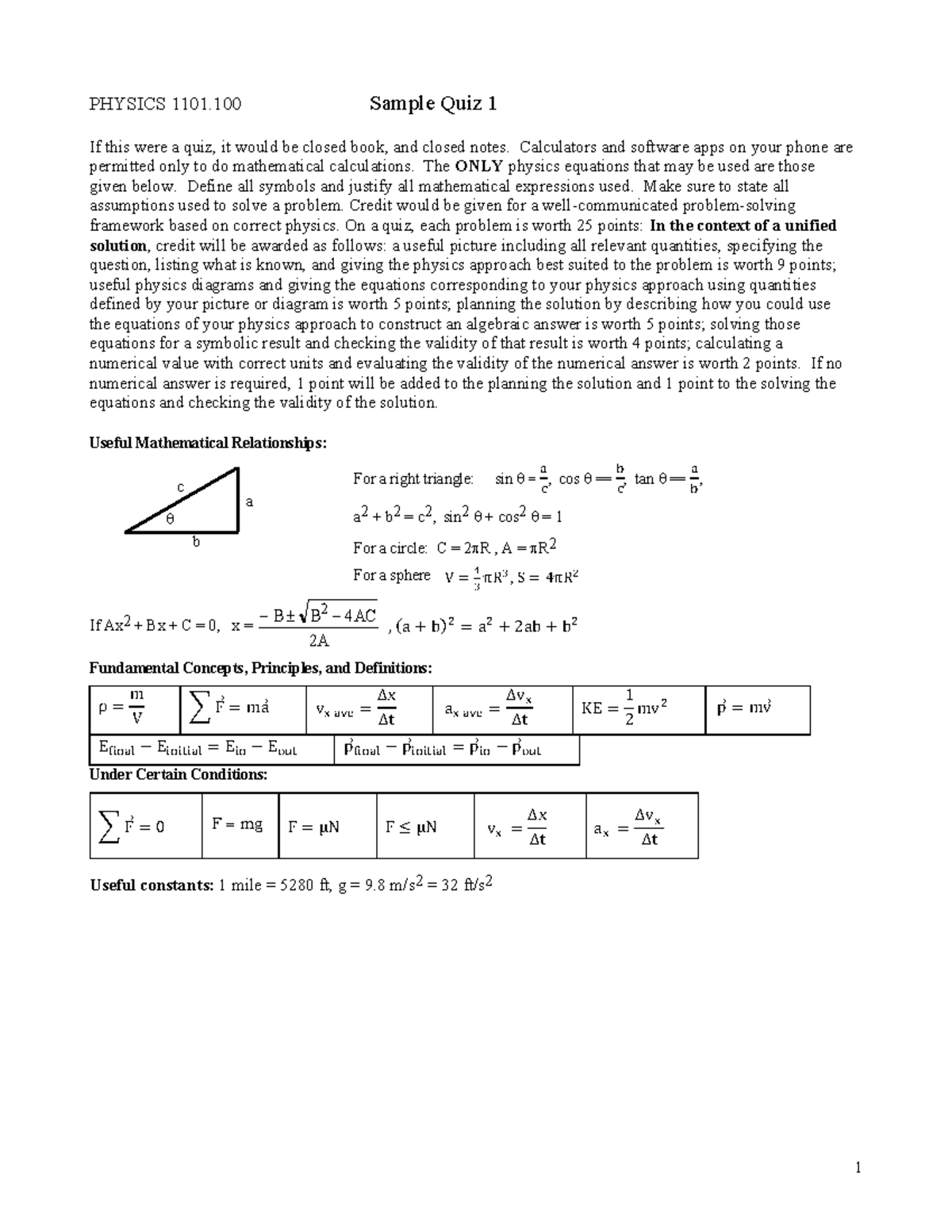 Sample quiz 1 - forces - PHYSICS 1 101. 100 Sample Quiz 1 If this were ...