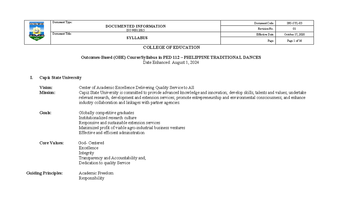 PED 112 - Syllabus for Philippine Traditional Dances Course - Document Preview