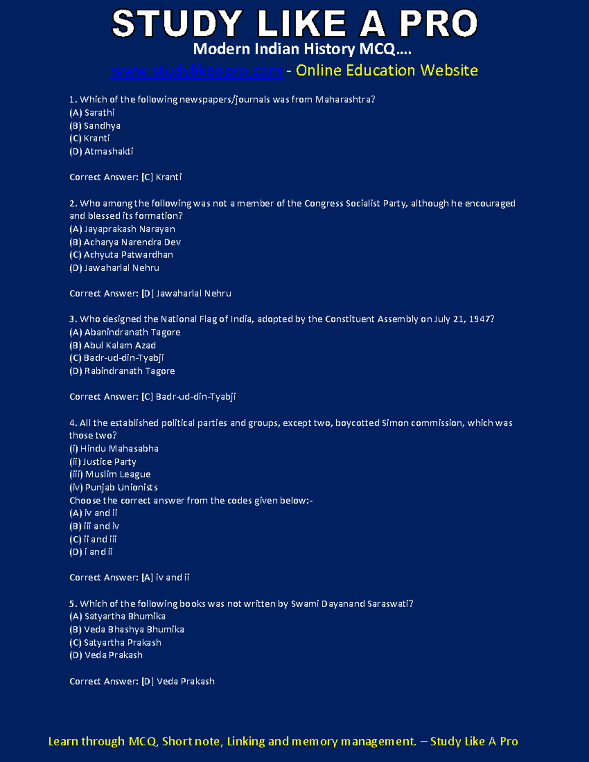 Modern Indian History High Order MCQs Practice Questions (Updated ...