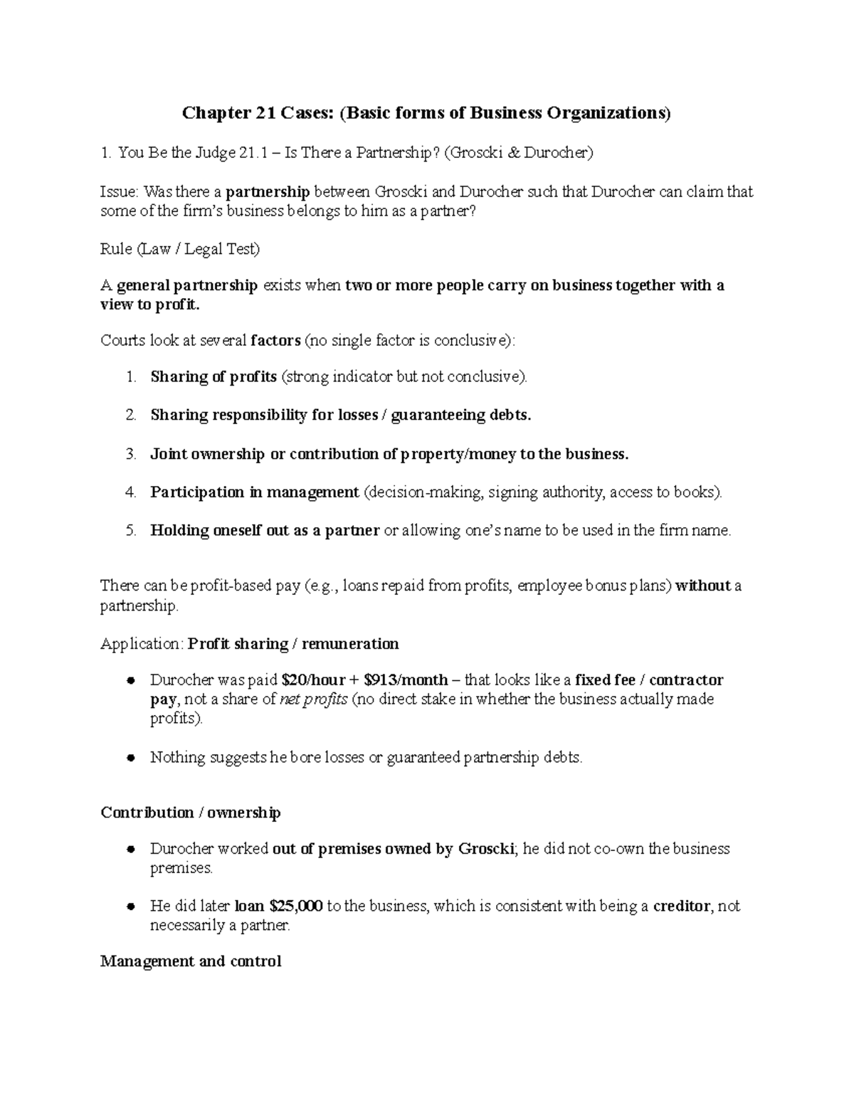 Law 122 - Final Exam Notes: Business Organizations & Contract Law Cases ...