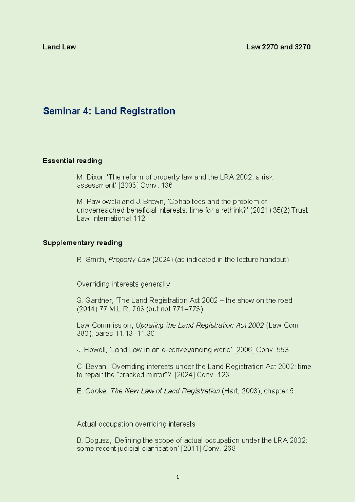 Land Law 2270 & 3270 Seminar 4: Land Registration Insights (2024) - Studocu