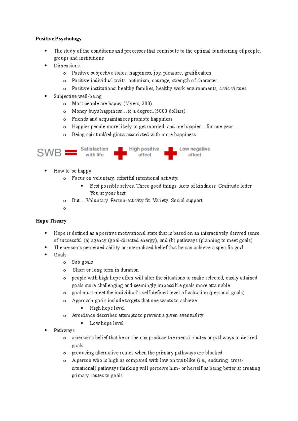 Positive Psychology - Lecture Notes on Hope Theory and Well-Being - Studocu