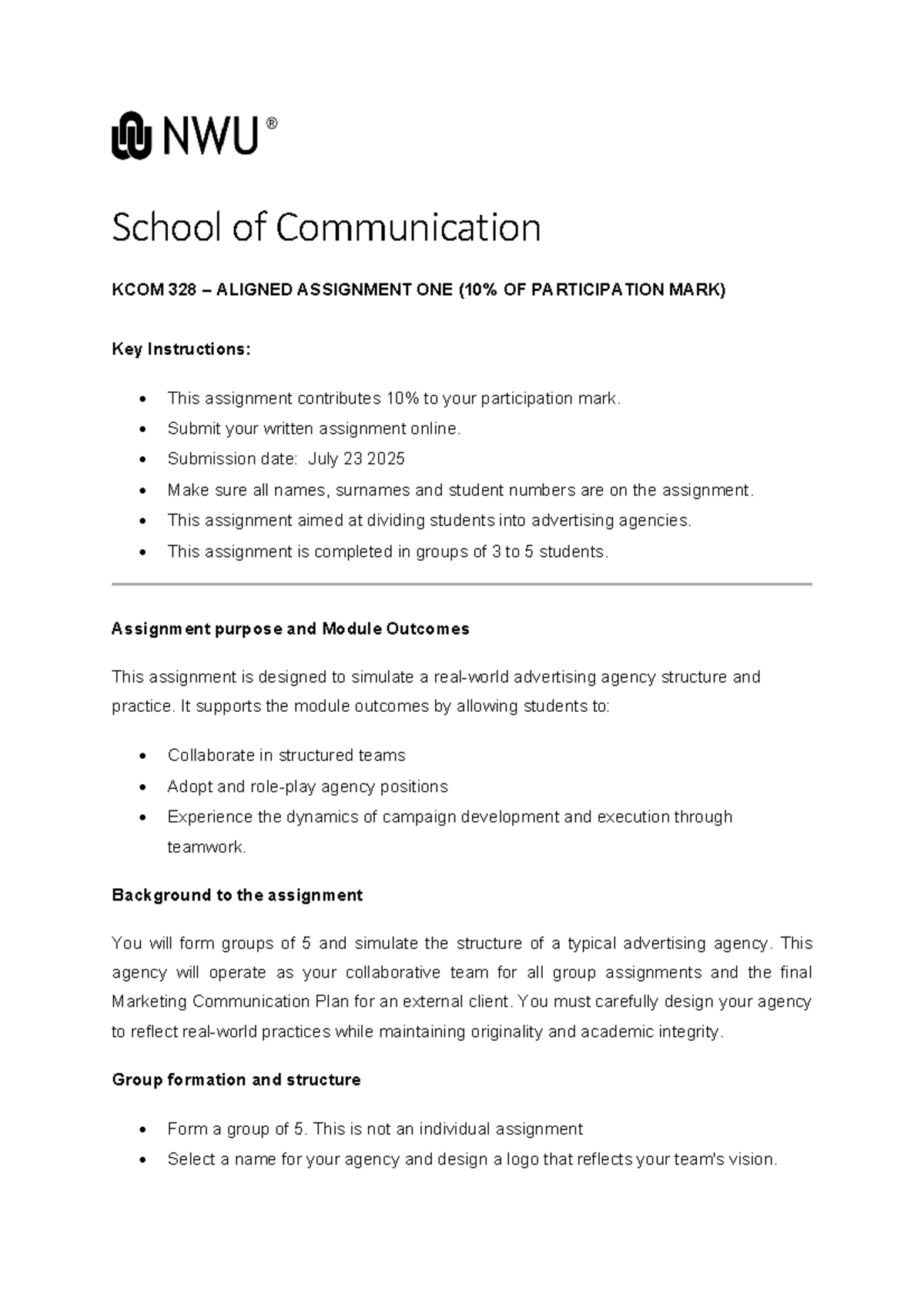 KCOM 328 Aligned Assignment One: Forming Your Advertising Agency - Studocu