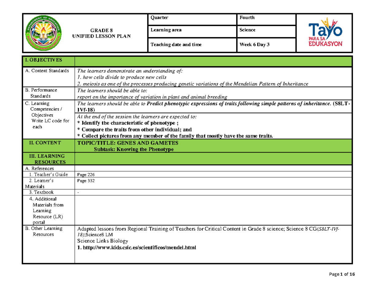 Grade 8 Science Unified Lesson Plan: Genes & Gametes - Week 6, Day 3 ...
