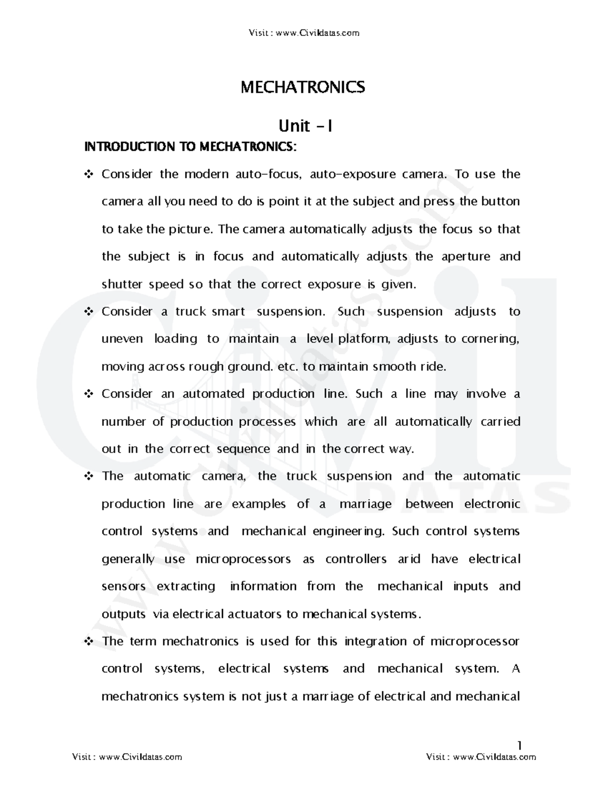 MECH 1,4,5 - BY Civildatas - 1 MECHATRONICS Unit – I INTRODUCTION TO ...