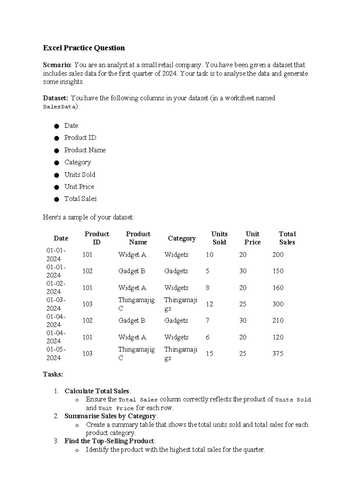 Excel Practice Question: Q1 2024 Sales Data Analysis - Studocu