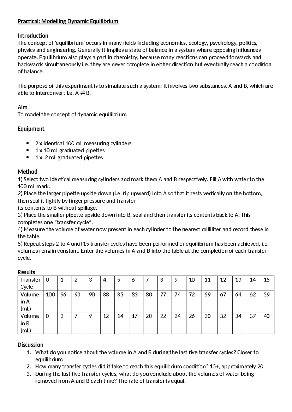 Practical 1: Modelling Dynamic Equilibrium Experiment Report - Studocu