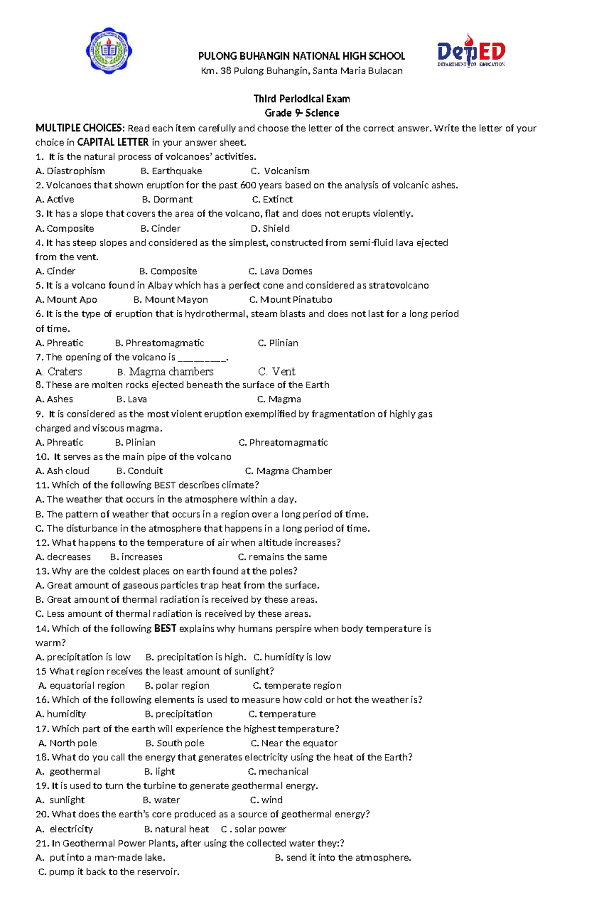 Third Quarter Exam Science 9: Multiple Choice Questions - Studocu