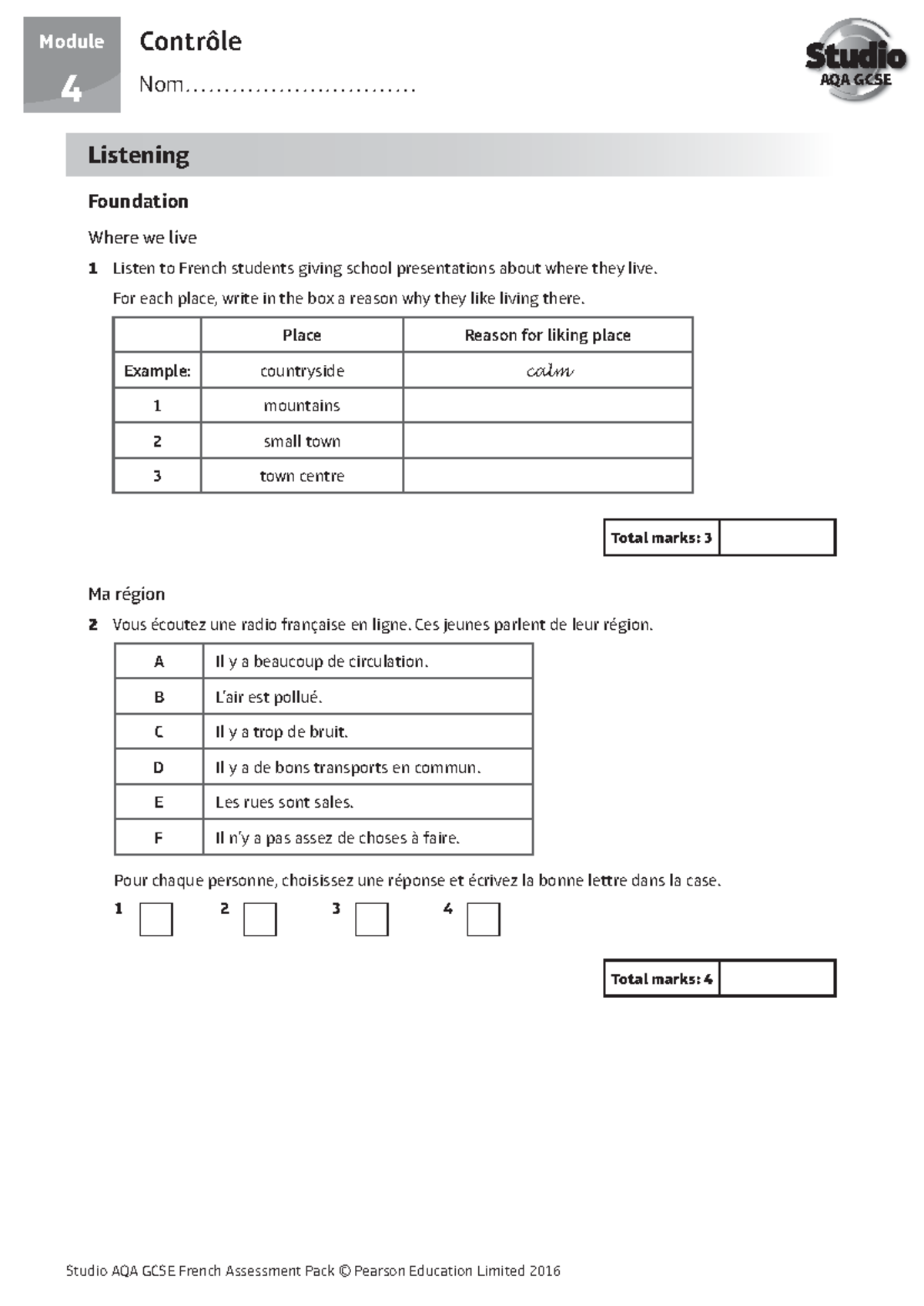 AQA GCSE French Listening - Year 10 Assessment on Town Life Activities ...
