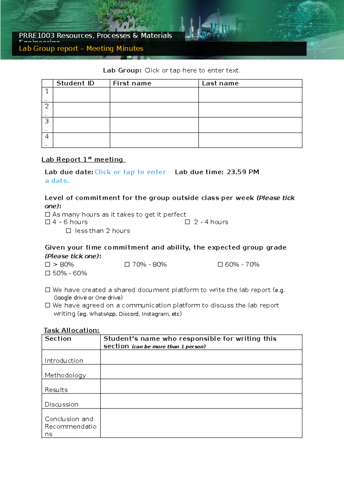 PRRE1003 Lab Group Report Meeting Minutes Guide - Studocu