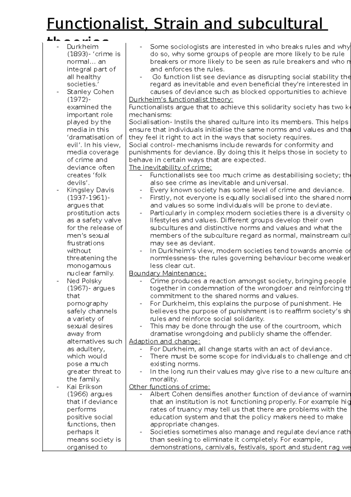 Functionalist and Strain Theories in Crime and Deviance Studies - Studocu