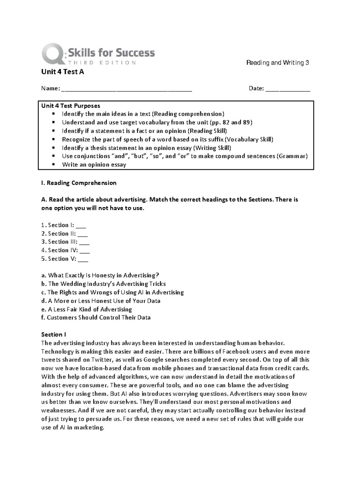 Q3E RW3 Unit 4 Test A: Reading & Writing Skills Assessment - Studocu