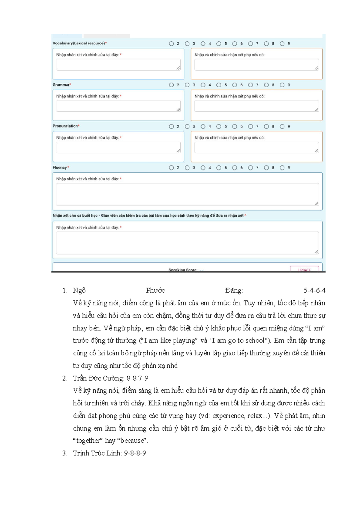 Feedback Speaking UNIT TEST 1 LỚP NSP.2026.0300 - Studocu