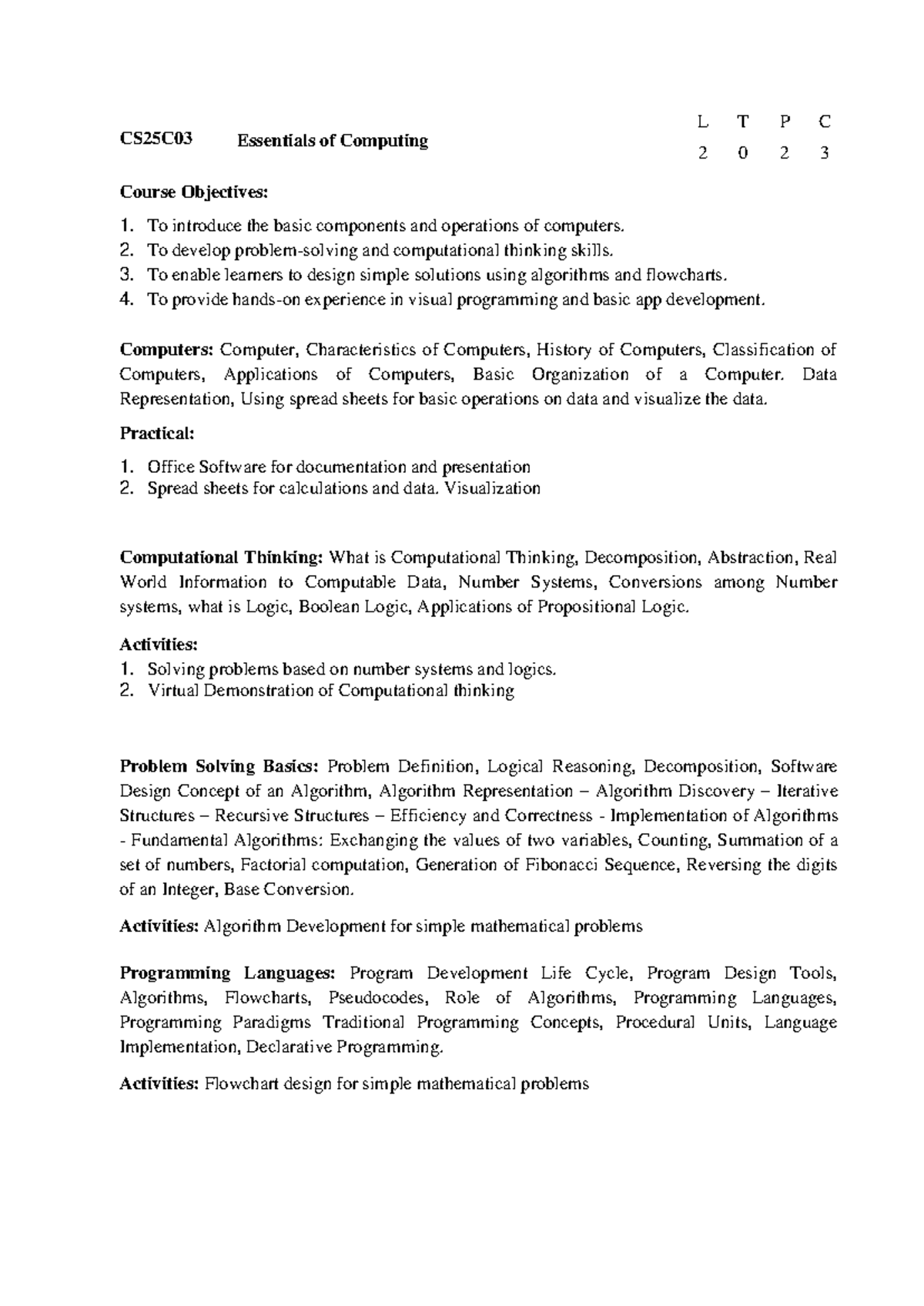 CS25C03 Essentials of Computing: EOC Syllabus Overview - Studocu