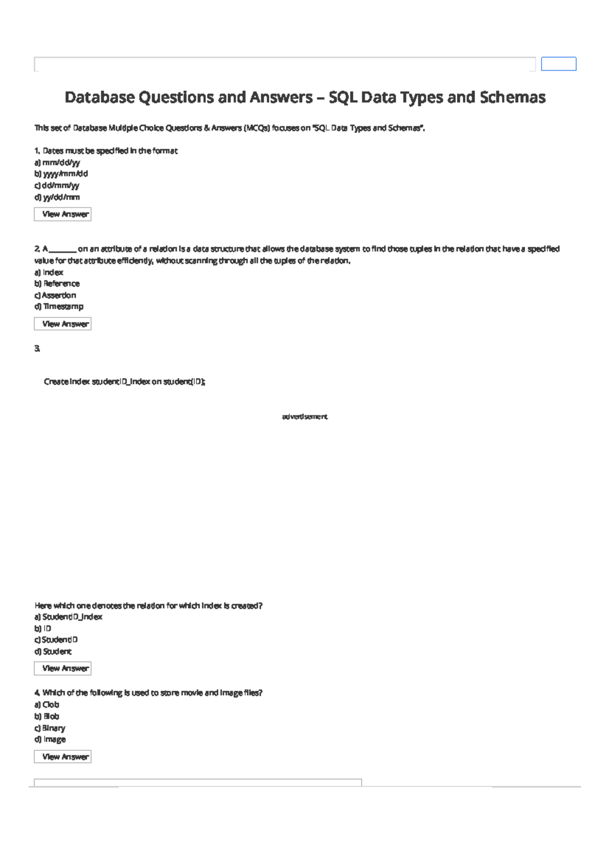 Q12 - Database MCQs on SQL Data Types and Schemas - Studocu