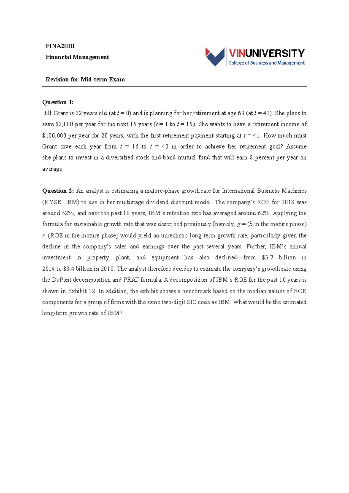 FINA2010 Financial Management Midterm Exam Revision Notes - Studocu