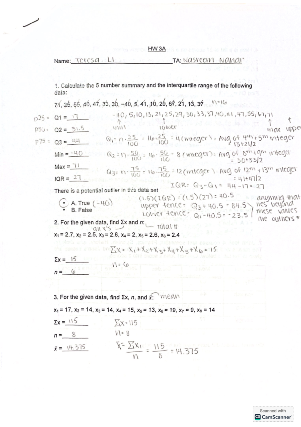 Statistics HW 3A: Five Number Summary, Outliers, and Z-Scores Analysis ...