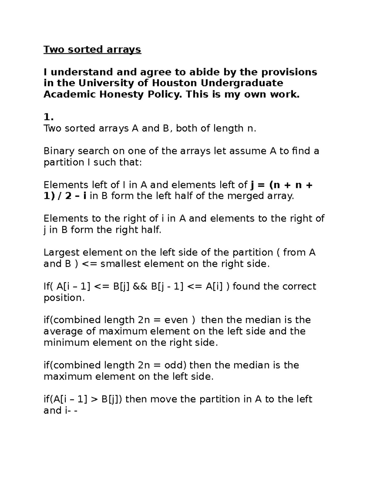 Two Sorted Arrays - Assignment 1 - Analysis of Median Calculation - Studocu