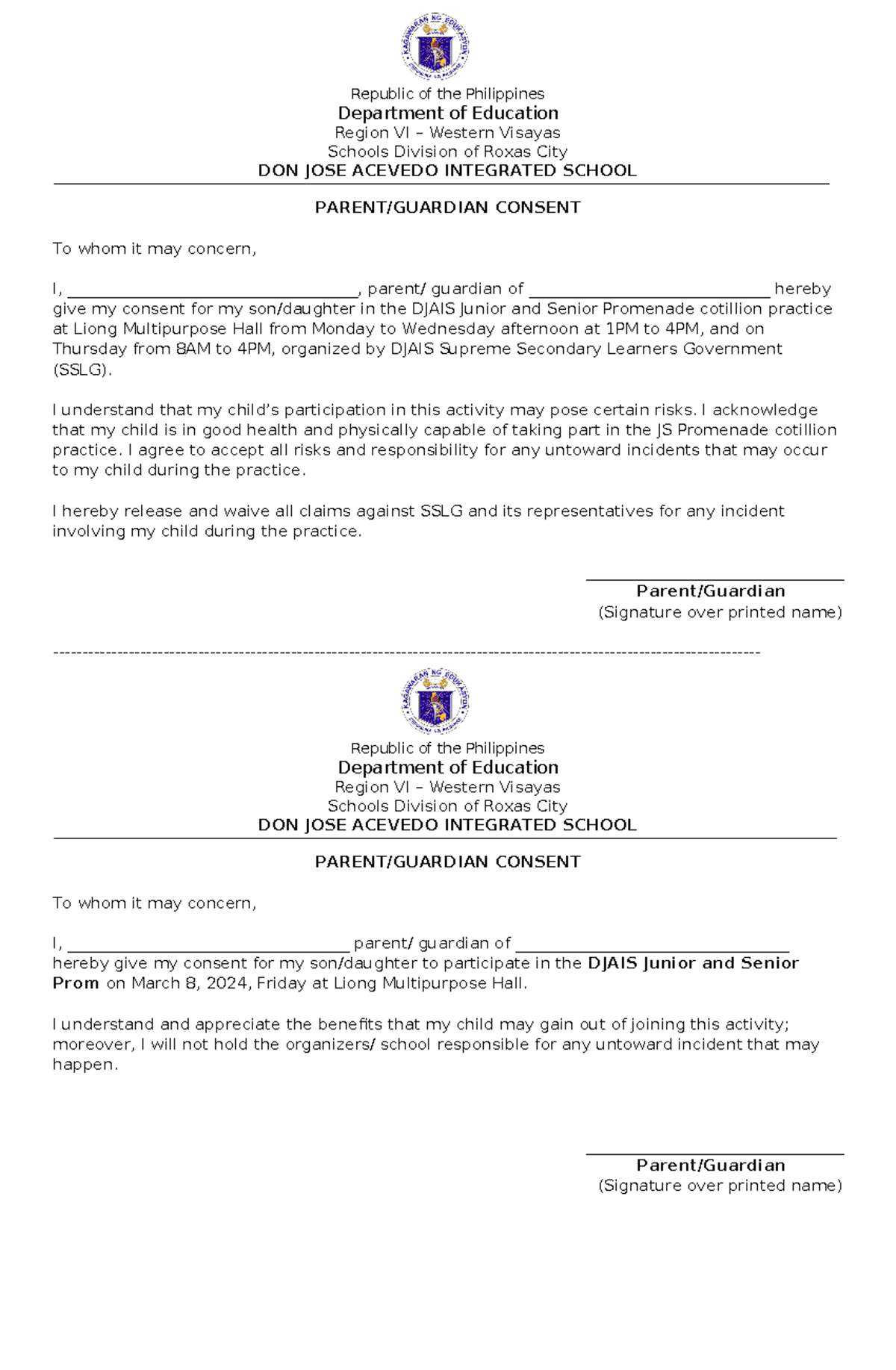 Parent/Guardian Consent Form for DJAIS Junior/Senior Prom Practice ...