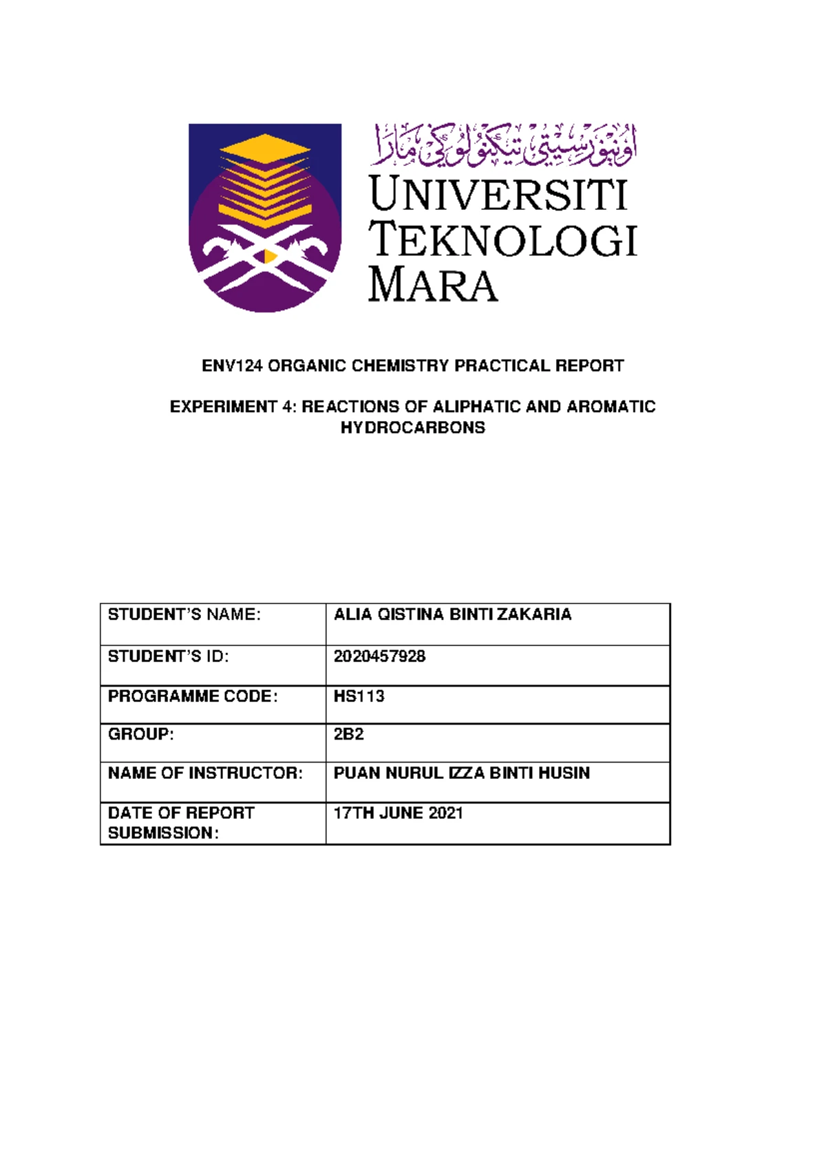 FUNDAMENTAL ORGANIC CHEMISTRY (CHM457) LAB REPORT: EXPERIMENT 1 ...