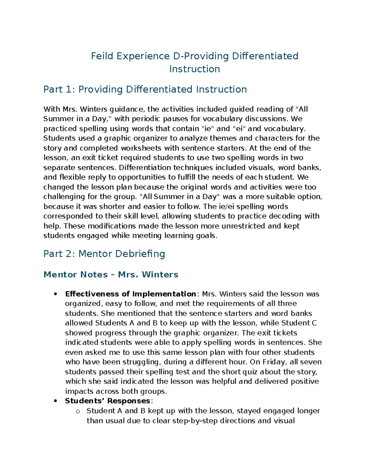 SEC-350 Clinical Field Experience D: Differentiated Instruction ...