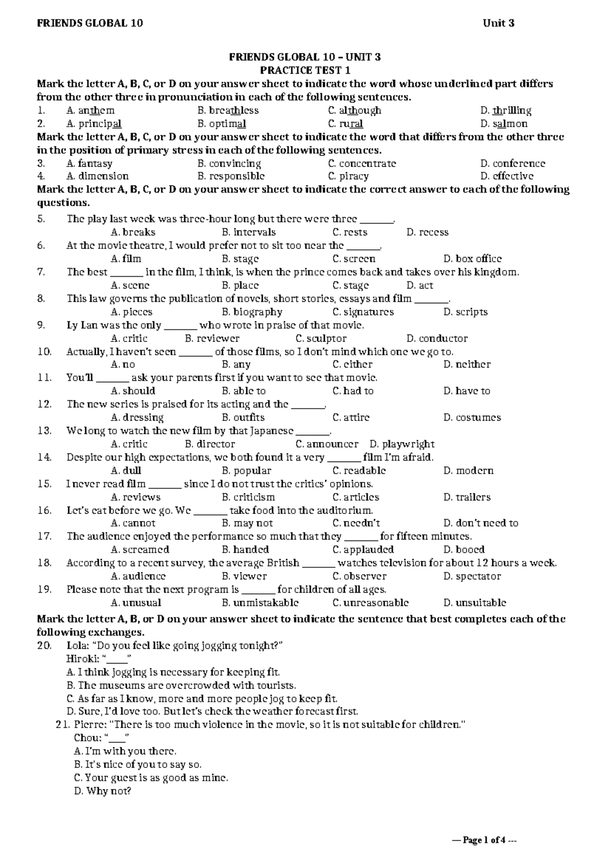 Tieng Anh 10 FRIENDS GLOBAL - Unit 3 Practice Test 1 - Studocu