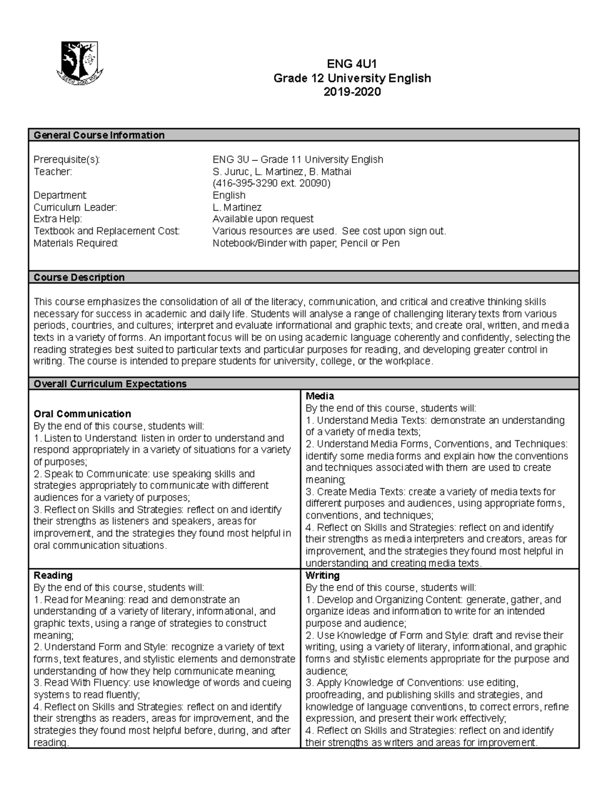 ENG 4U1 Grade 12 University English General Course Information - Studocu
