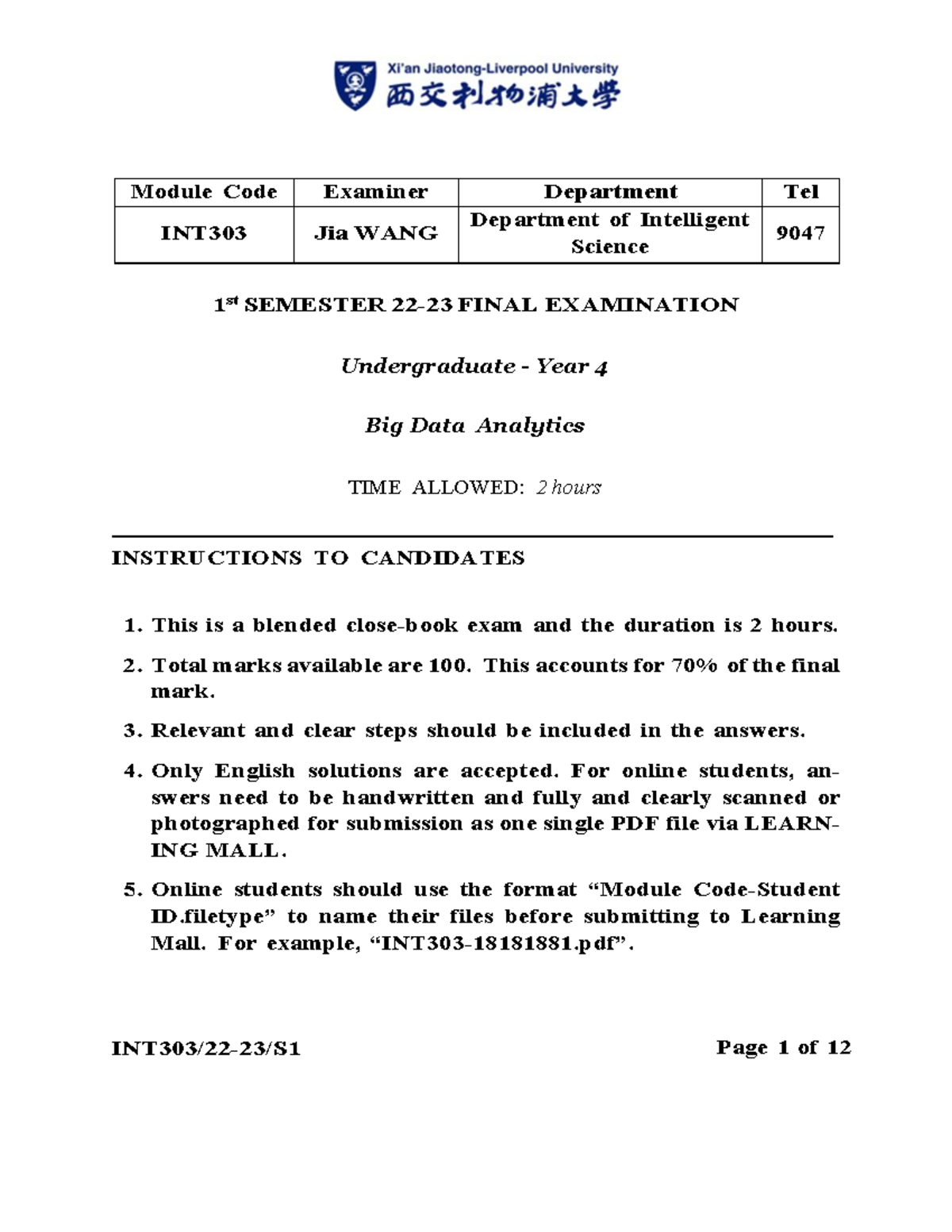 INT303 - 2022-2023 Final Exam Paper on Big Data Analytics - Studocu