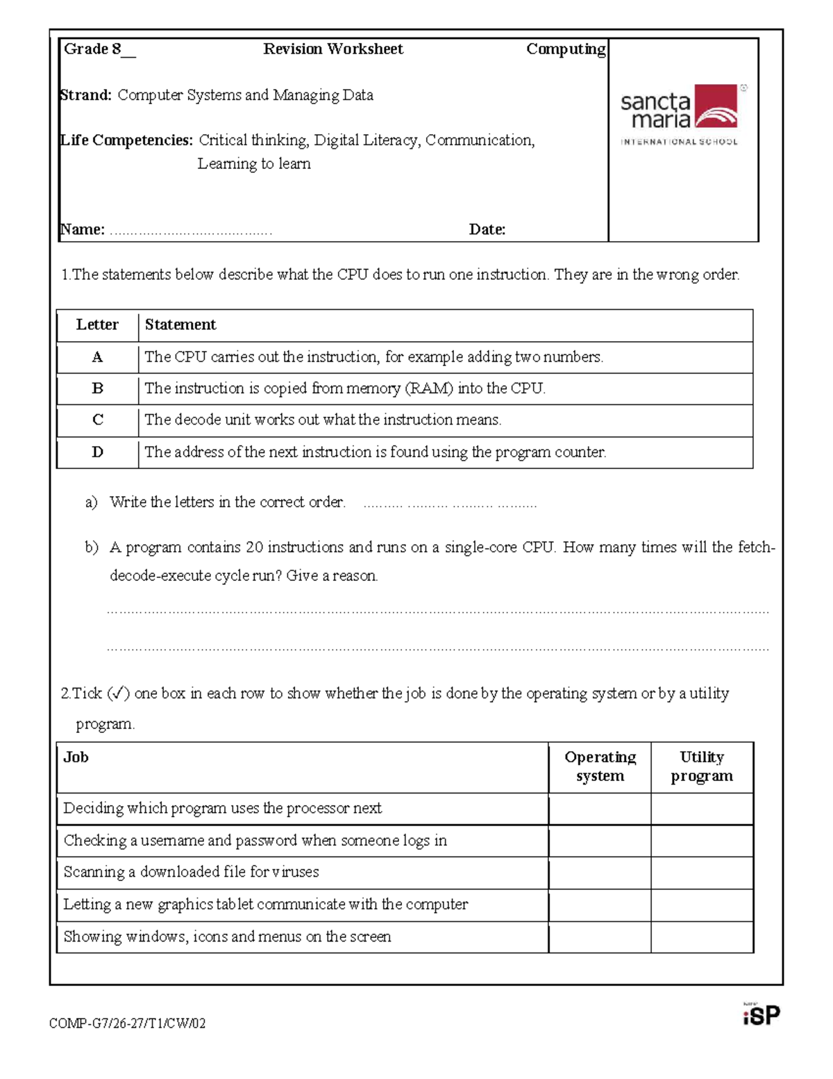 Grade 8 Computing Revision Worksheet: Computer Systems & Data ...