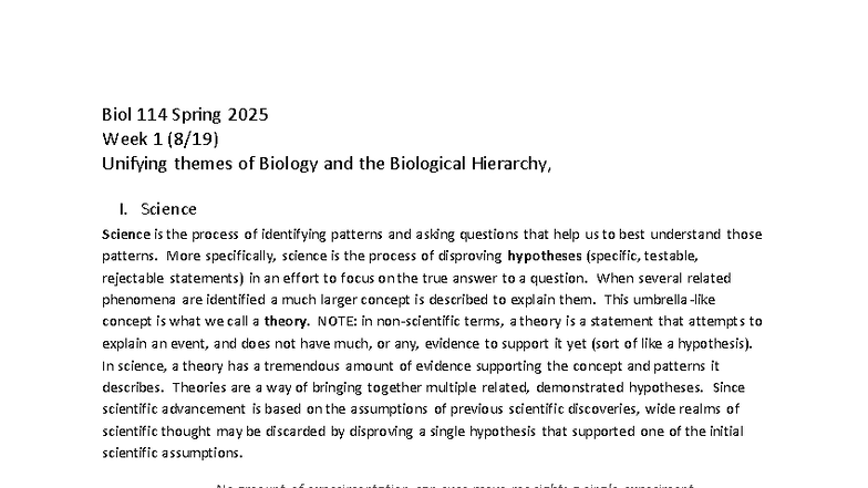 Biol 114 Spring 2025 Lecture Week 1: Unifying Themes & Hierarchy - Studocu