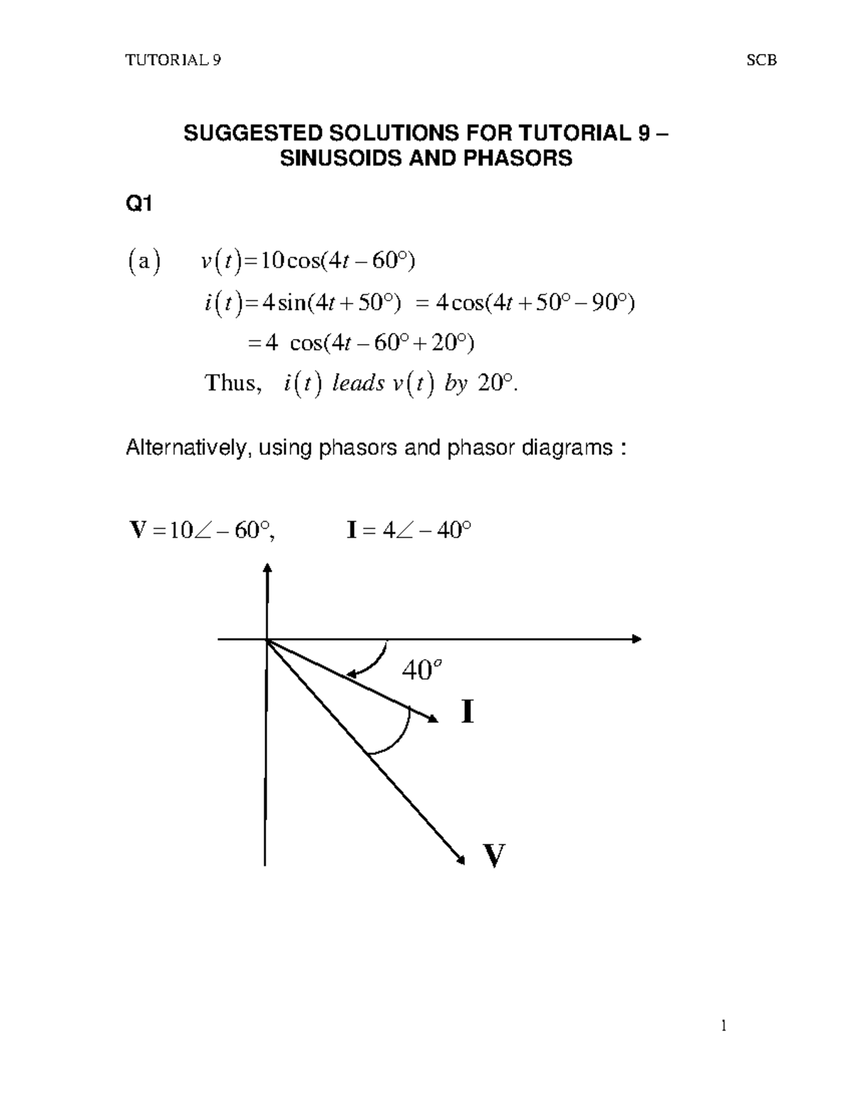 EE2001 Tutorial 9 Solutions: Sinusoids and Phasors Explained - Studocu