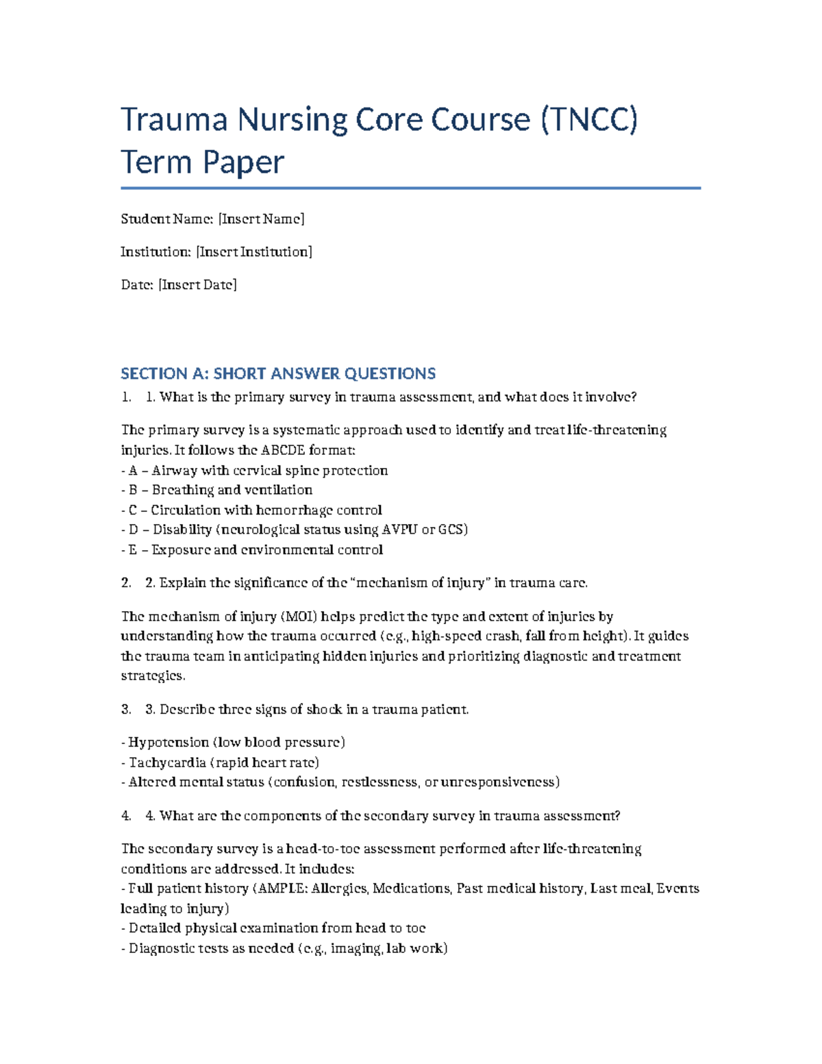 TNCC Term Paper: Key Concepts in Trauma Nursing Assessment and Care ...