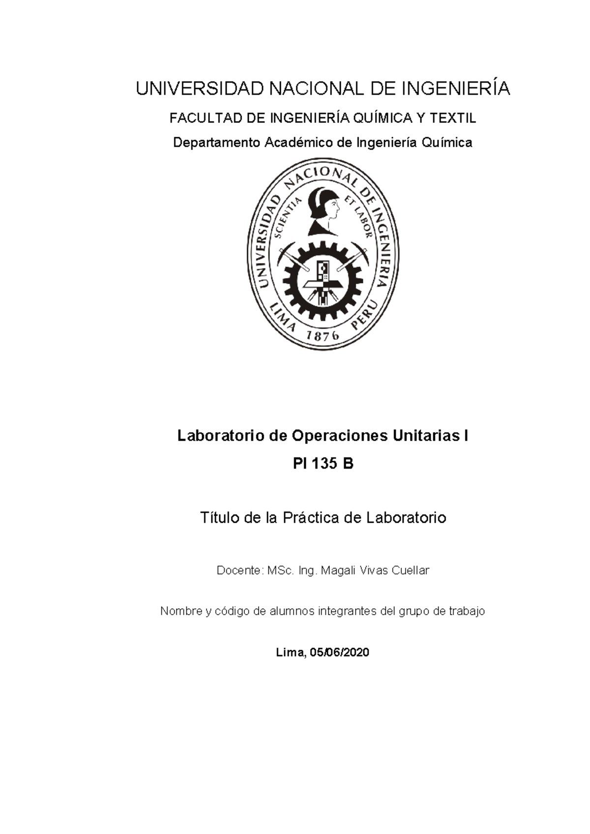 Informe de Laboratorio PI 135: Operaciones Unitarias I - Studocu