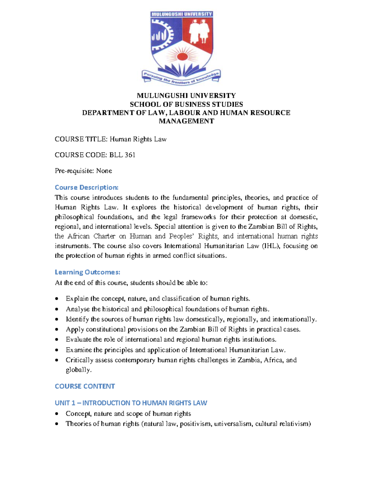 BLL 361 Human Rights Law Course Outline and Key Concepts - Studocu