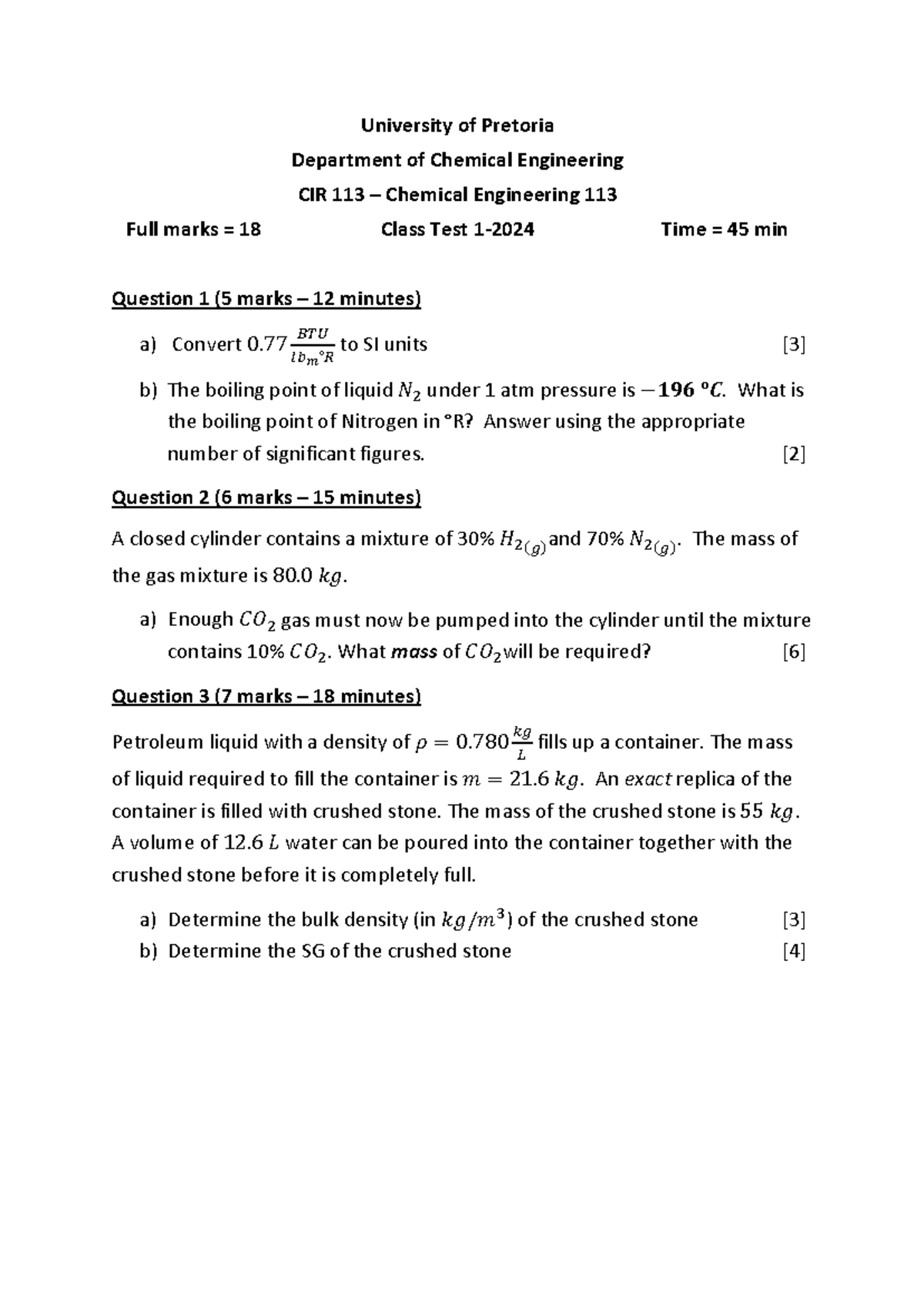 CIR 113 - Chemical Engineering 113 Class Test 1 - 2024 Answers - Document Preview