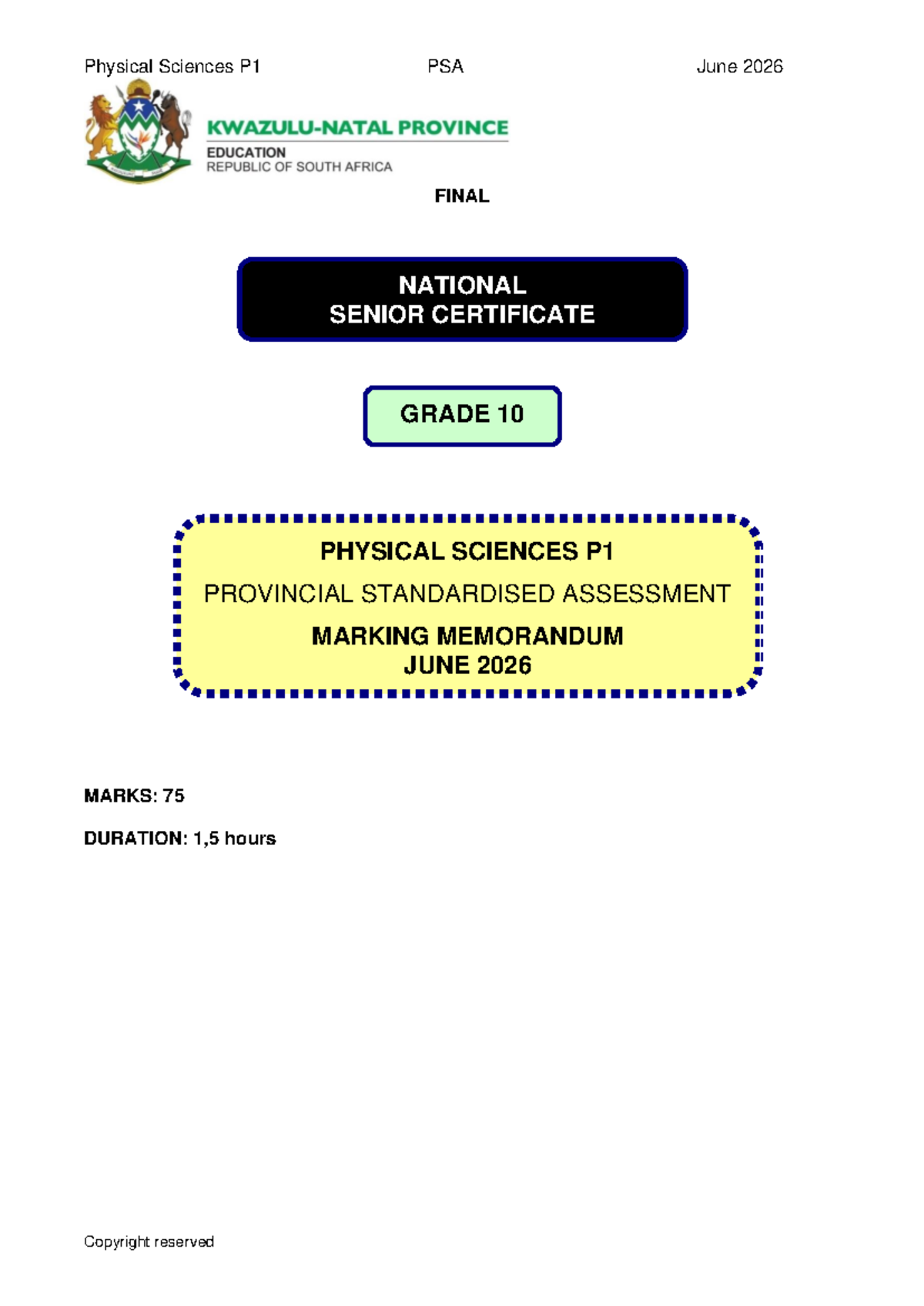 Physical Sciences P1 Grade 10 June 2026 Final Exam Memo - Studocu