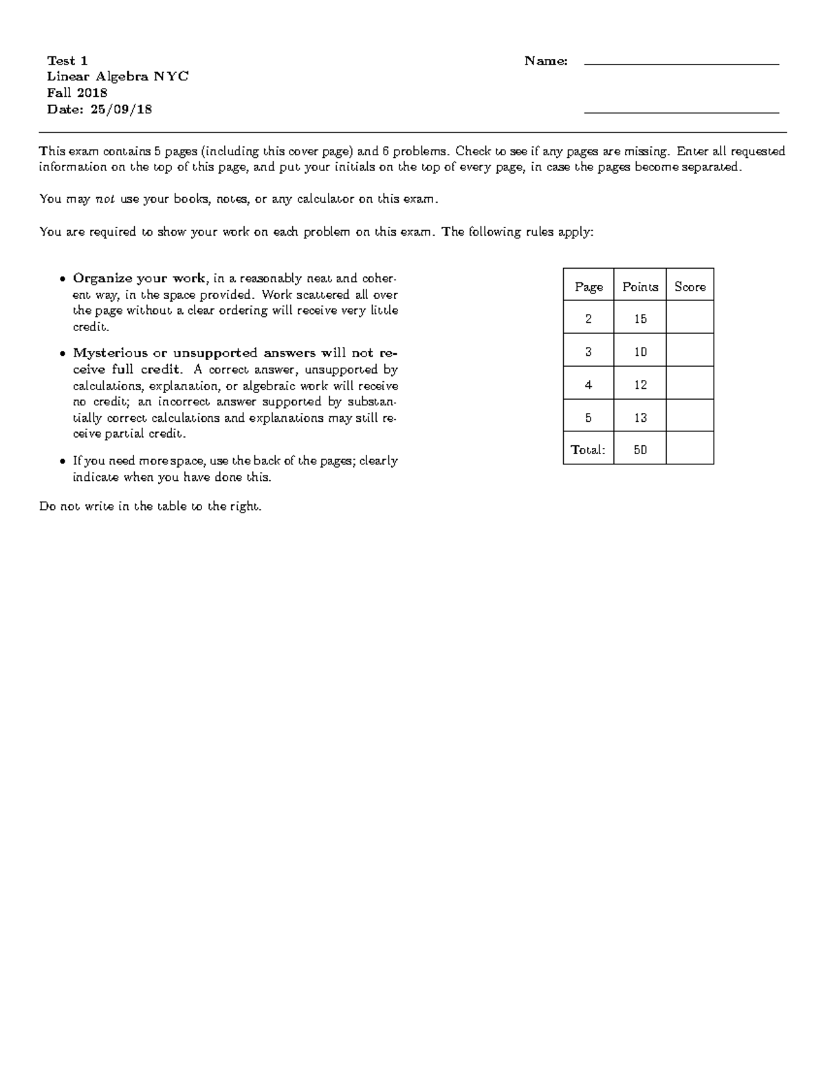 NYCF19 Linear Algebra Sample Test - Fall 2018 Exam 1 - Studocu
