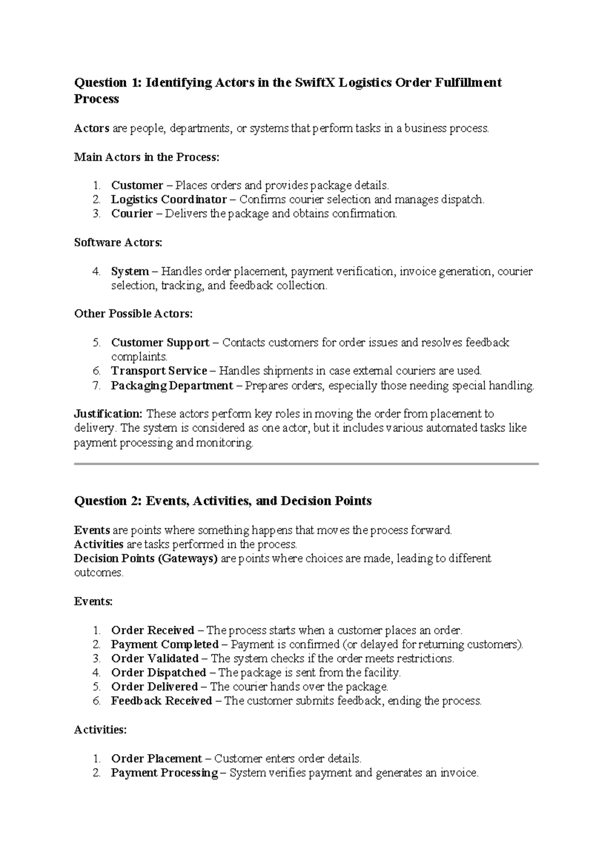 BPE A1 - Identifying Actors and Events in SwiftX Logistics Process ...