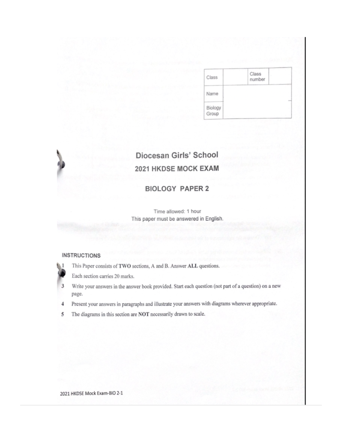 DGS 2021 HKDSE Mock Biology Paper 2 - Human Physiology & Biotechnology ...