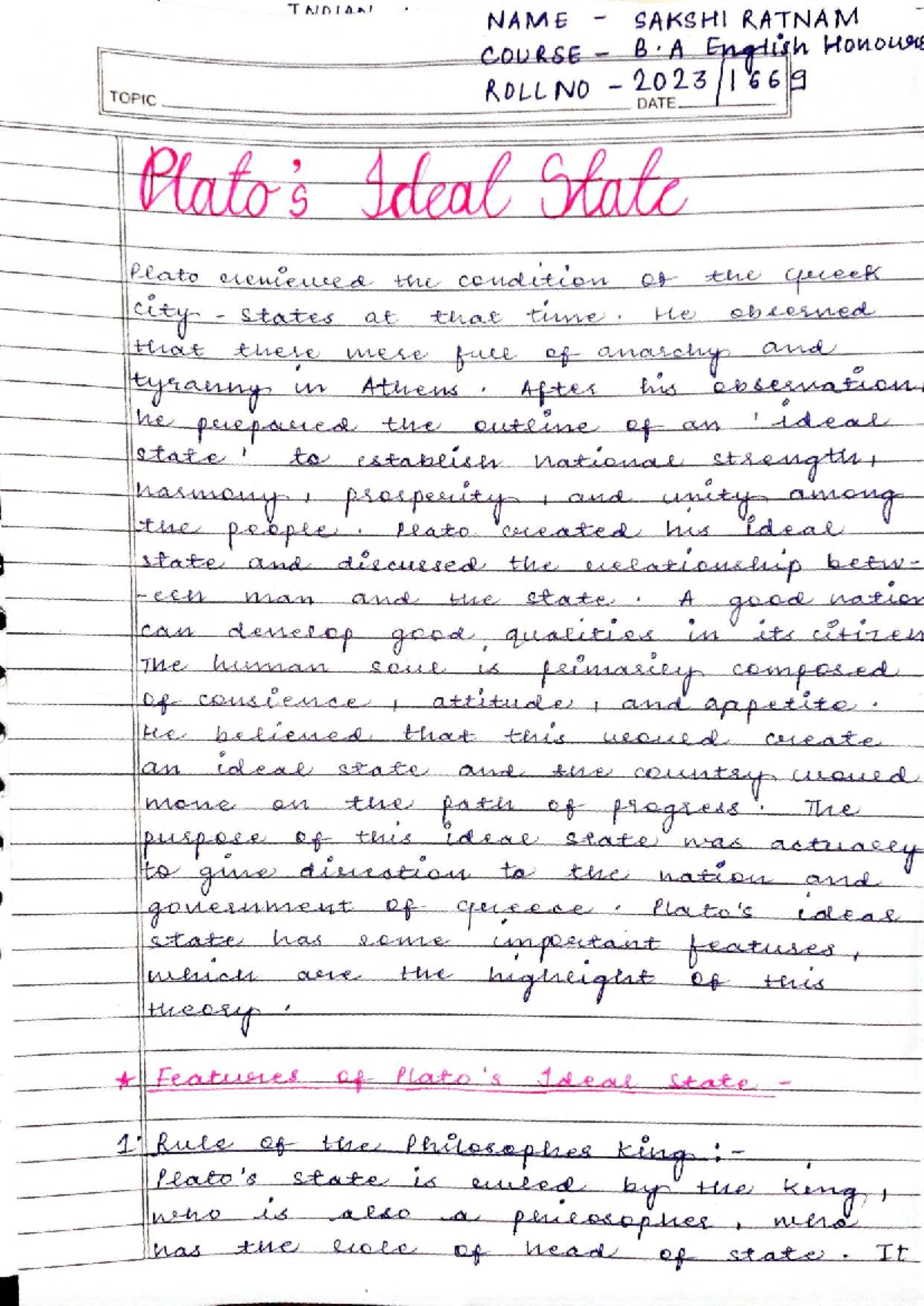 Plato's Ideal State - Plato notes - NAME SAKSHI RATNAM B English ...