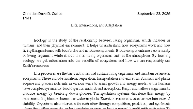 TN41 Essay: Life, Interactions, and Adaptation in Ecology - Studocu