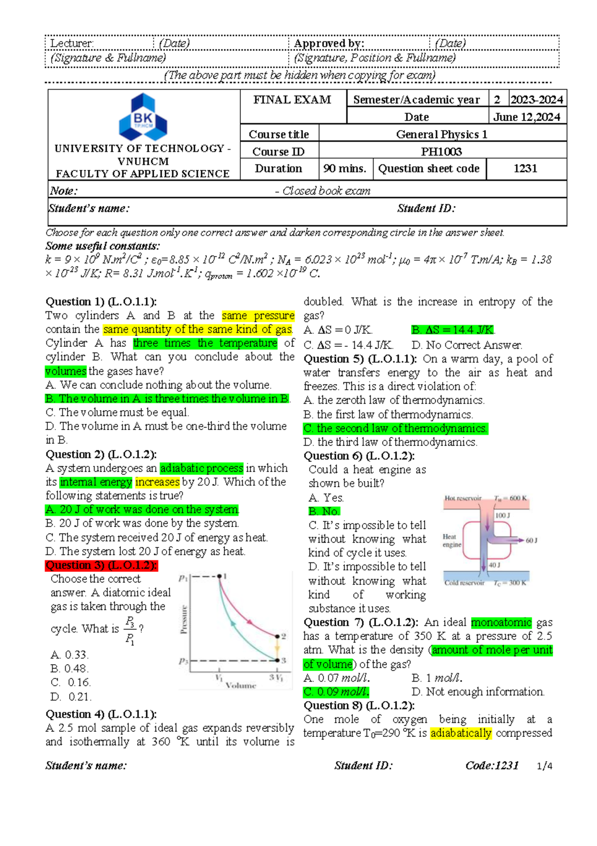 Final Exam PH1003: General Physics 1 - June 12, 2024 - Studocu