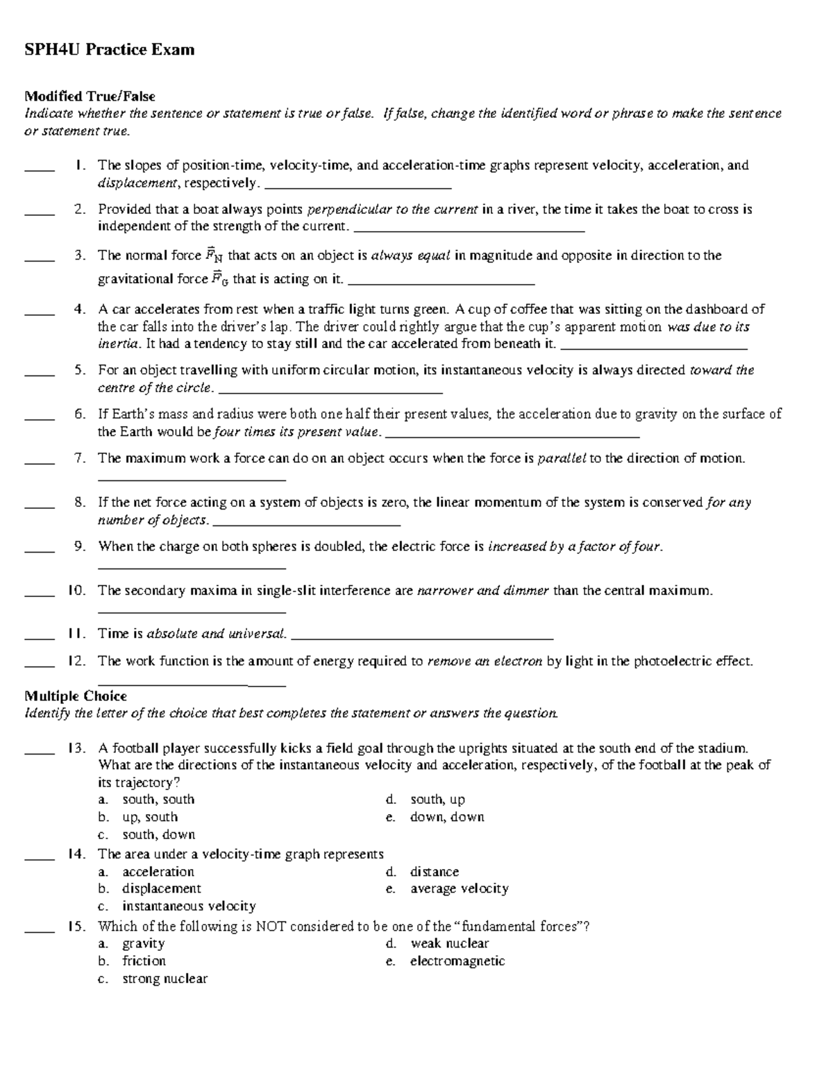 SPH4U Practice Exam - True/False & Multiple Choice Questions - Studeersnel
